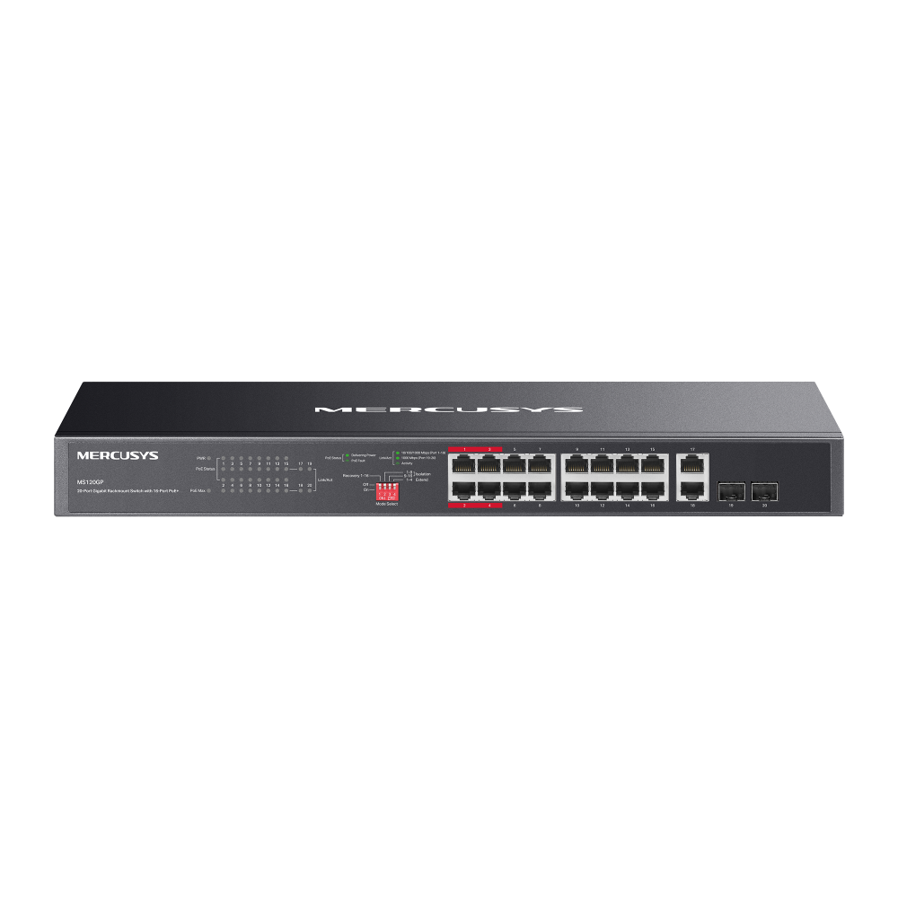 MERCYSUS MS120GP Switch Gigabit Para Montaje en Rack de 20 Puertos Con 16 Puertos PoE+