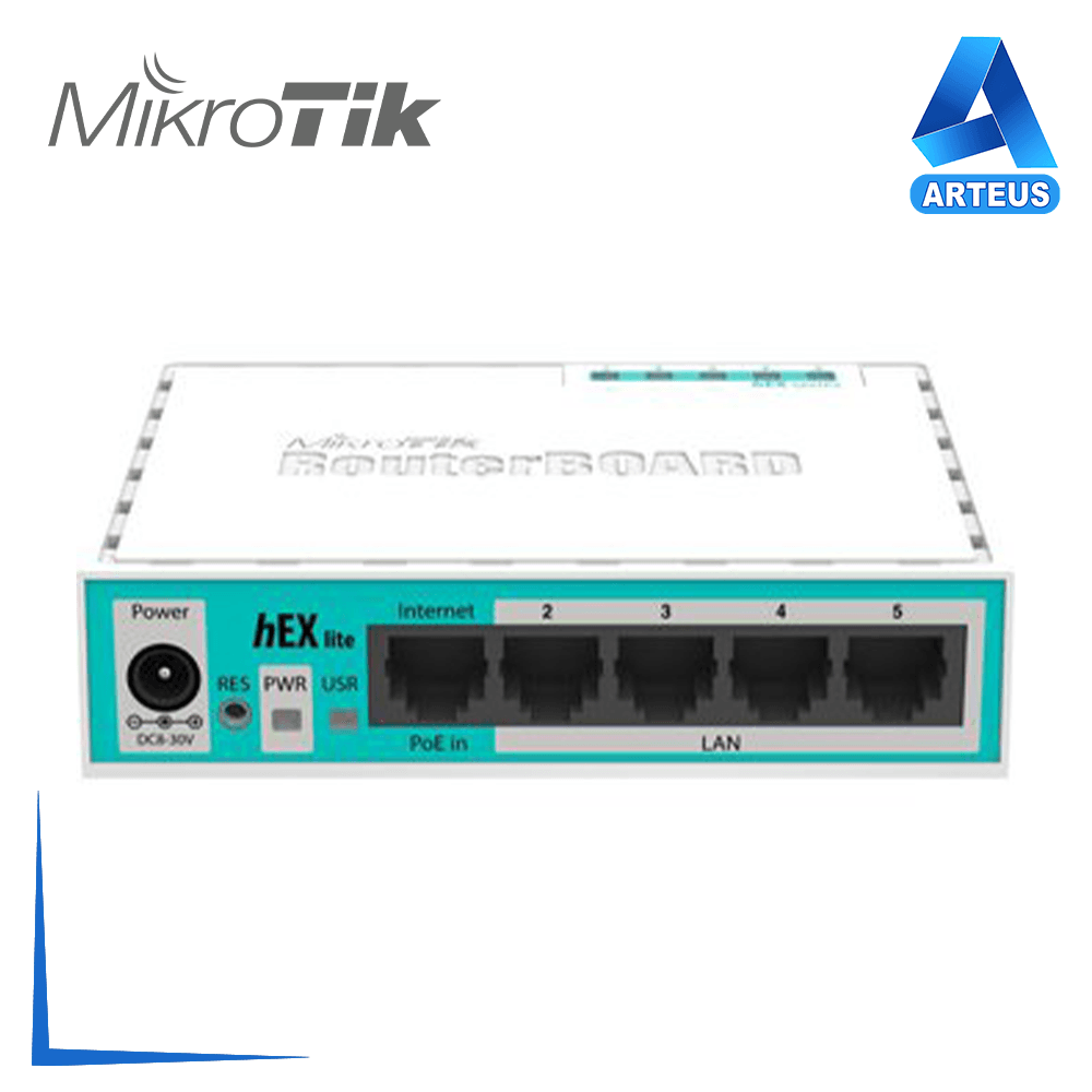 Router MikroTik hEX lite blanco con 5 puertos RJ45, frontal con indicadores de energía y LAN
