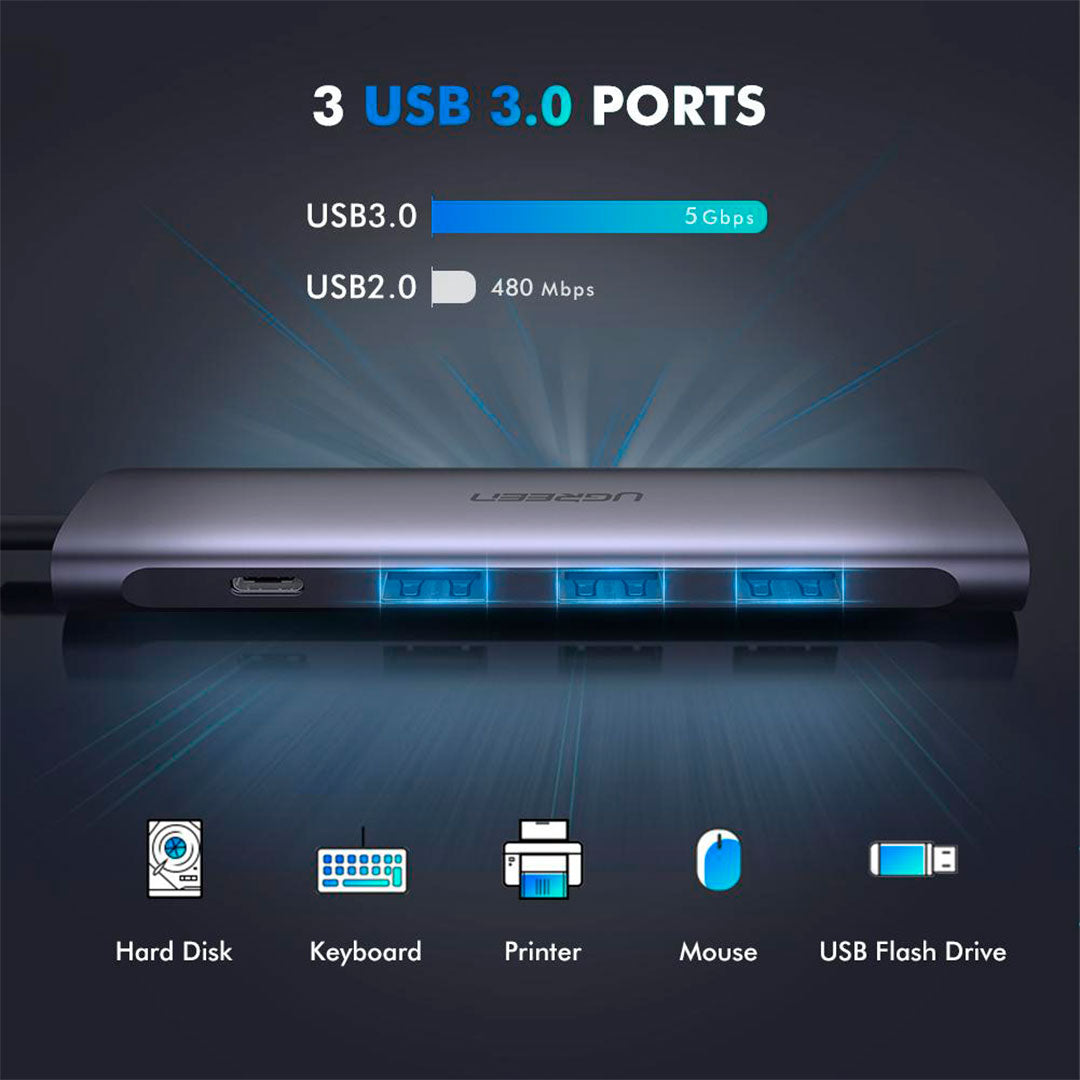 UGREEN CM136 50209 Adaptador HUB USB-C a HDMI 3USB 3.0