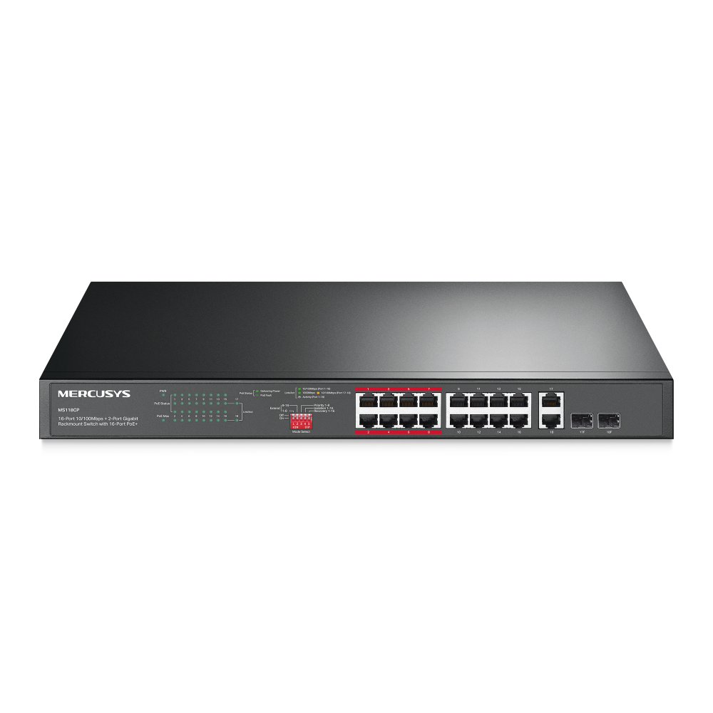 MERCUSYS MS118CP Switch 16 Puertos Fast con 2 Puertos Gigabit PoE+