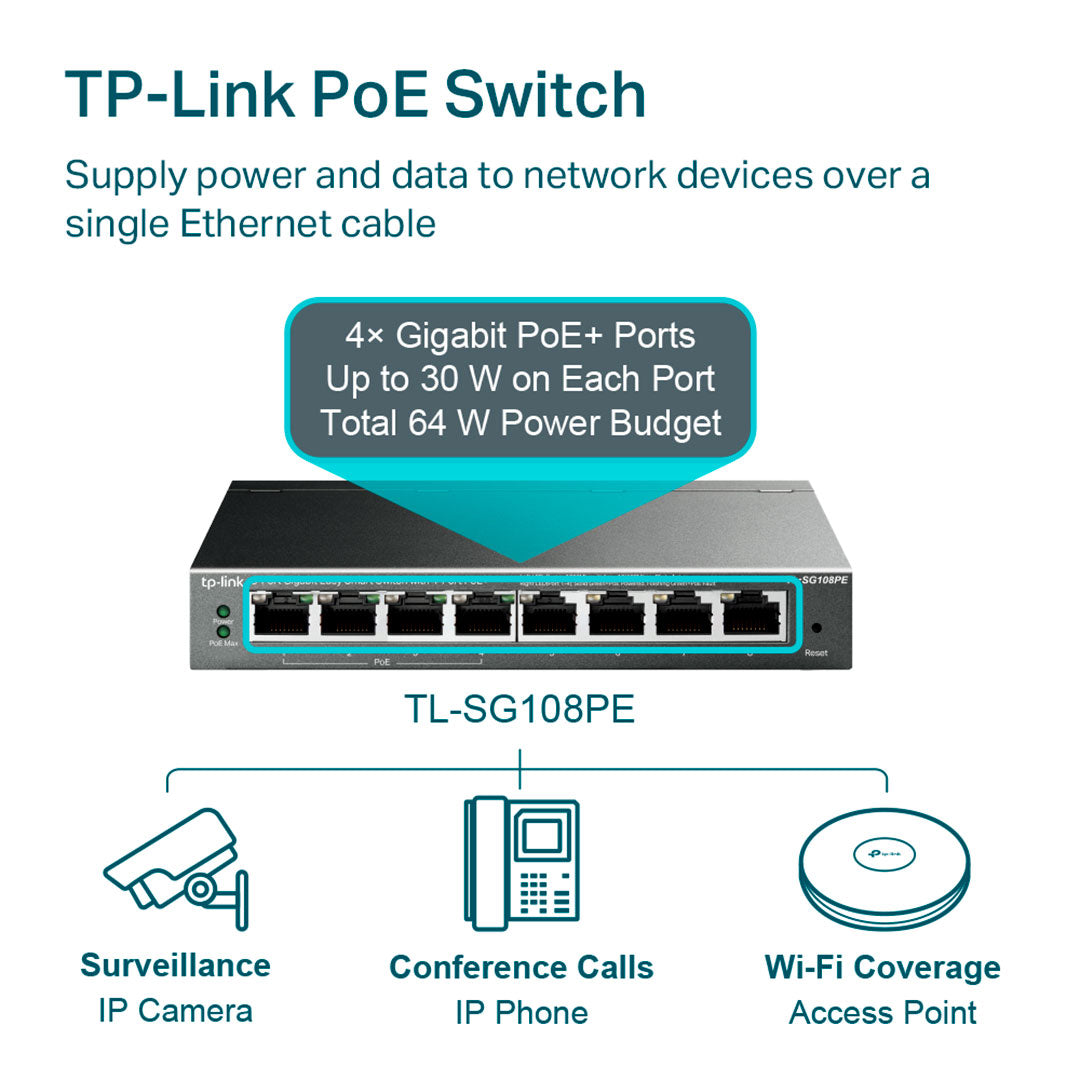TP-LINK SG108PE Switch 8 Puertos Gigabit 4 PoE Easy Smart