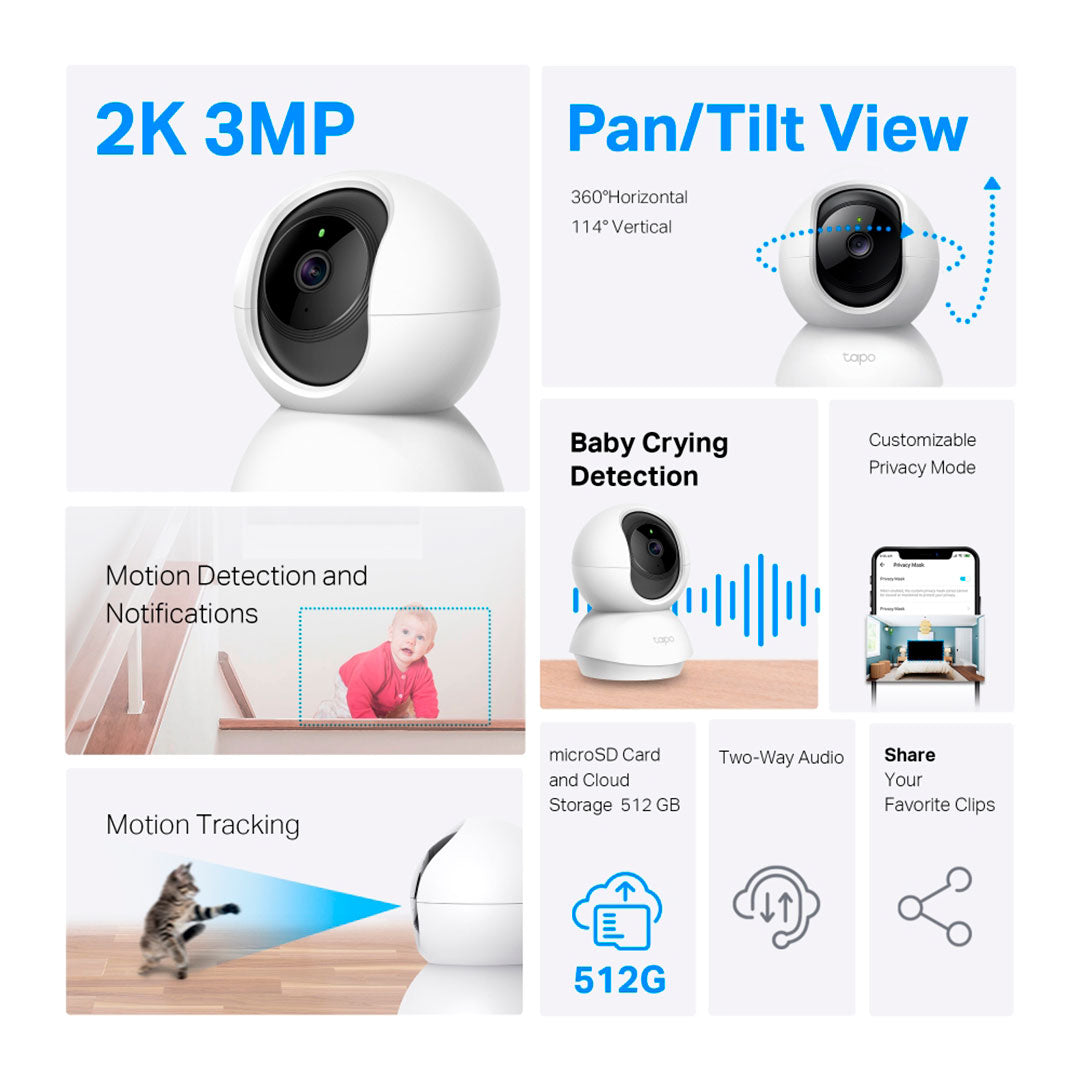 TP-LINK Tapo C210P2 Cámara de seguridad, Wi-Fi, para el hogar, con movimiento, horizontal y vertical