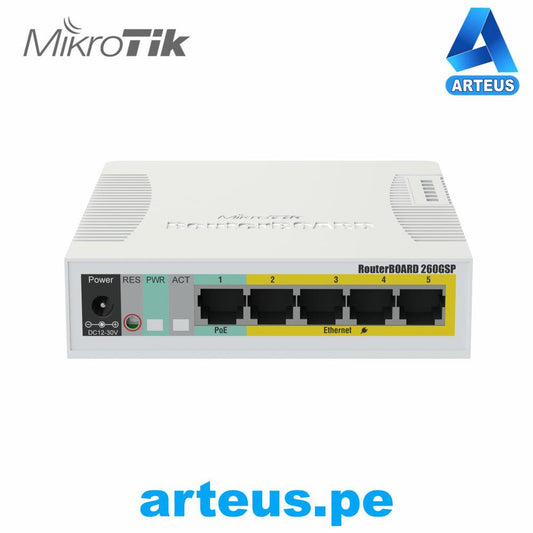 Switch MikroTik RB260GSP de 5 puertos Gigabit Ethernet y PoE pasivo, frontal, color blanco.
